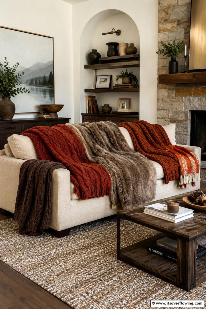 Layered Throw Blankets - 50 Living Room Fall Decor Ideas for Cozy Autumn Updates