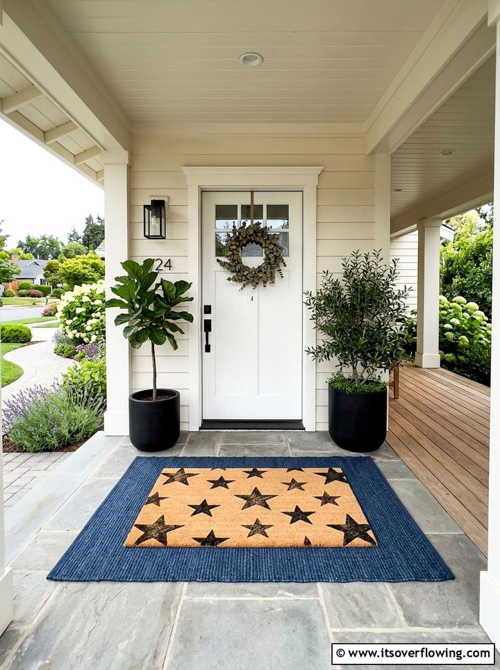 Layered front door mat with stars - 25 front porch ideas with patriotic decor