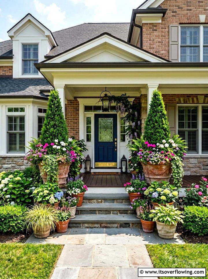 Layered porch greenery with topiaries - 25 front porch decor ideas with topiaries