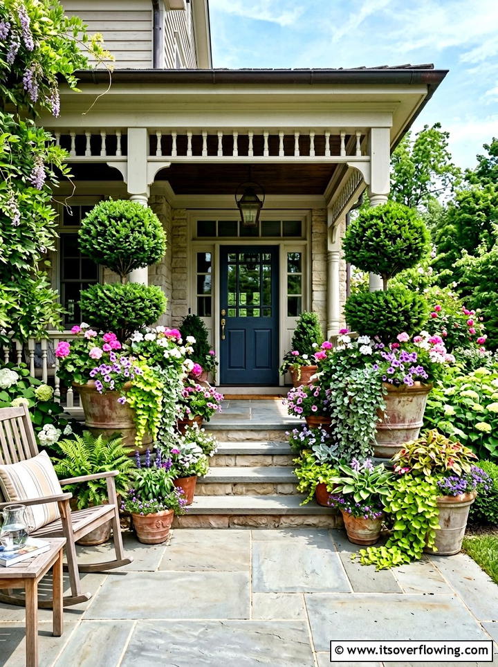 Layered porch plants with topiaries - 25 front porch ideas with topiaries