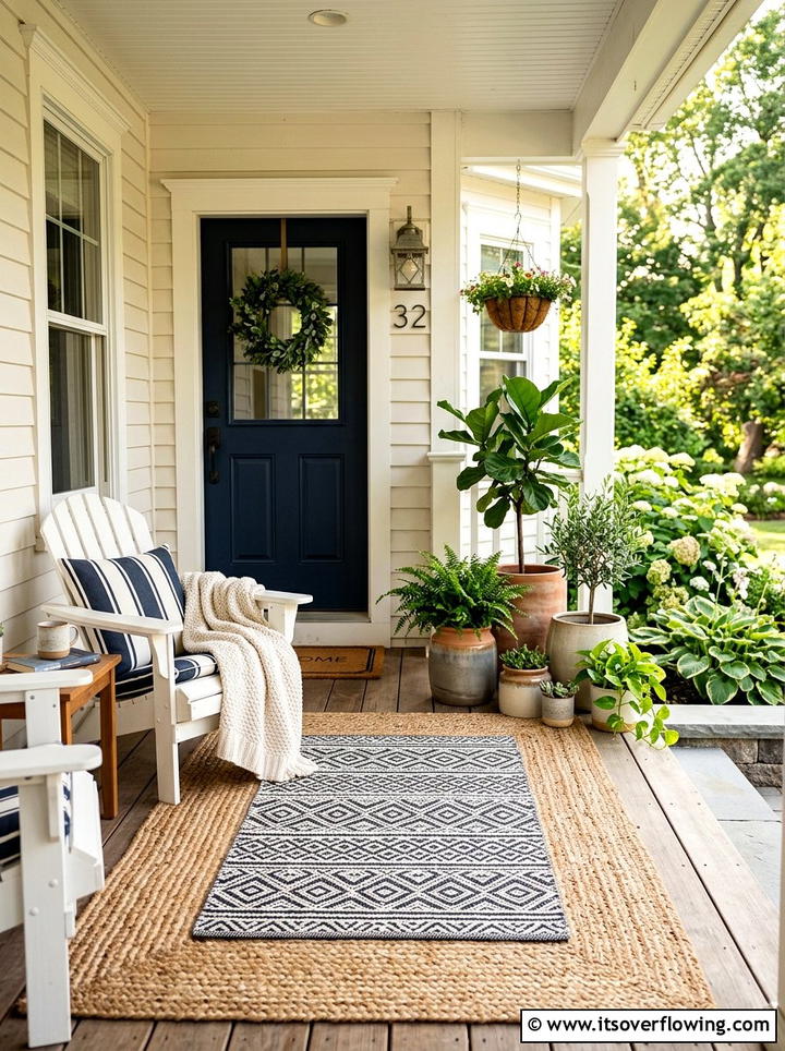Layered porch rug - 25 front porch decor ideas with planters