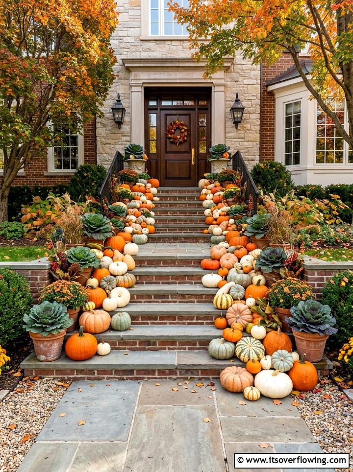 Layered pumpkin steps - 25 front porch decor ideas with fake pumpkins