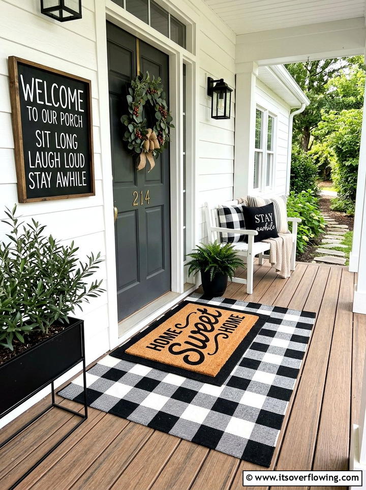 Layered rug and sign porch - 25 front porch ideas with signs and quotes
