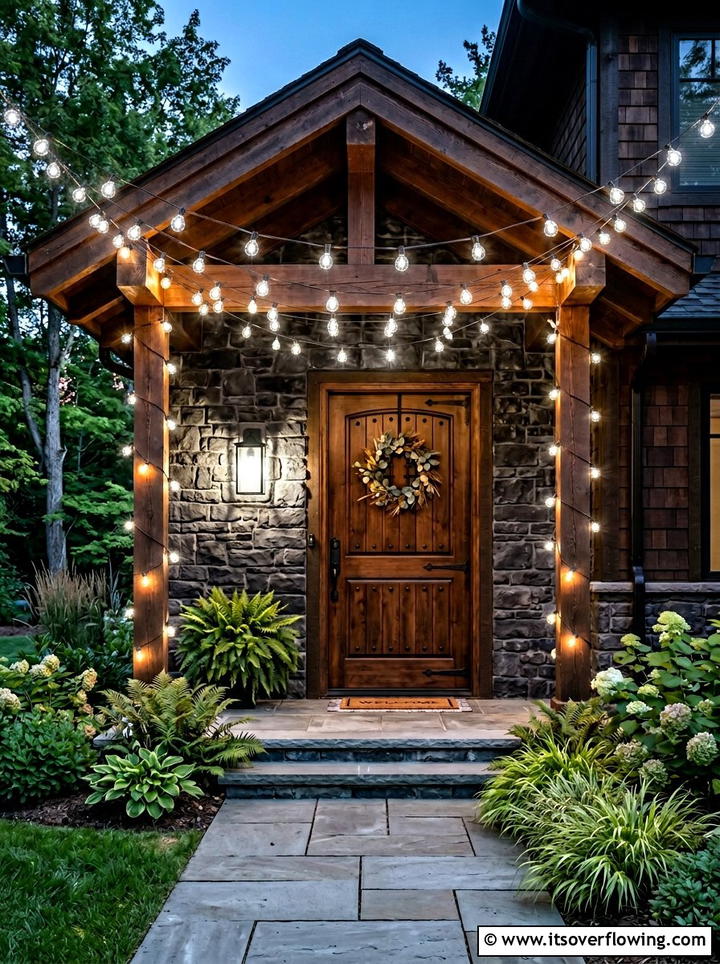 Layering String Lights With Wall Sconce - 25 front porch ideas with string lights