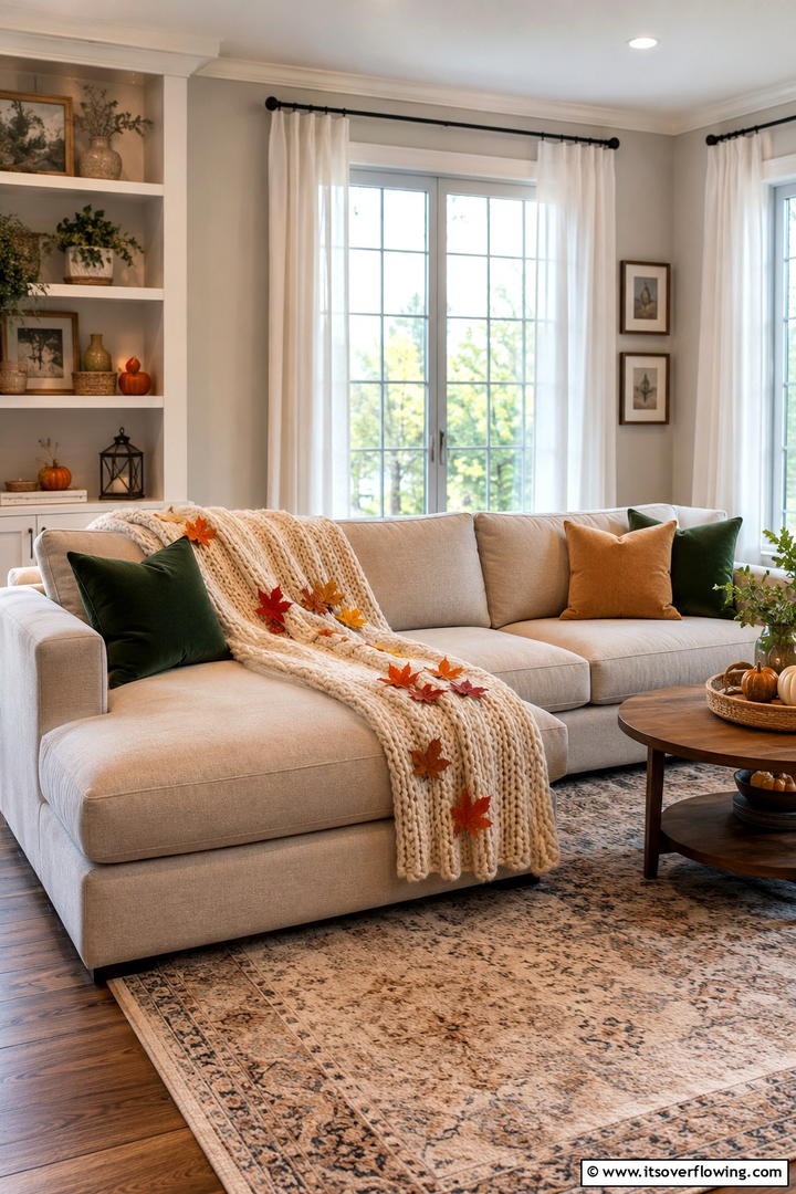 Leaf Accented Throw Blanket Display - 50 Fall Leaves Decor Ideas to Brighten Autumn Rooms