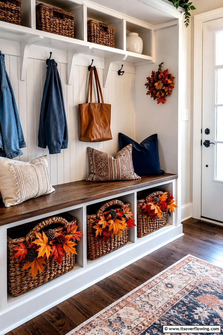 Leaf Adorned Basket Handles - 50 Fall Leaves Decor Ideas to Brighten Autumn Rooms