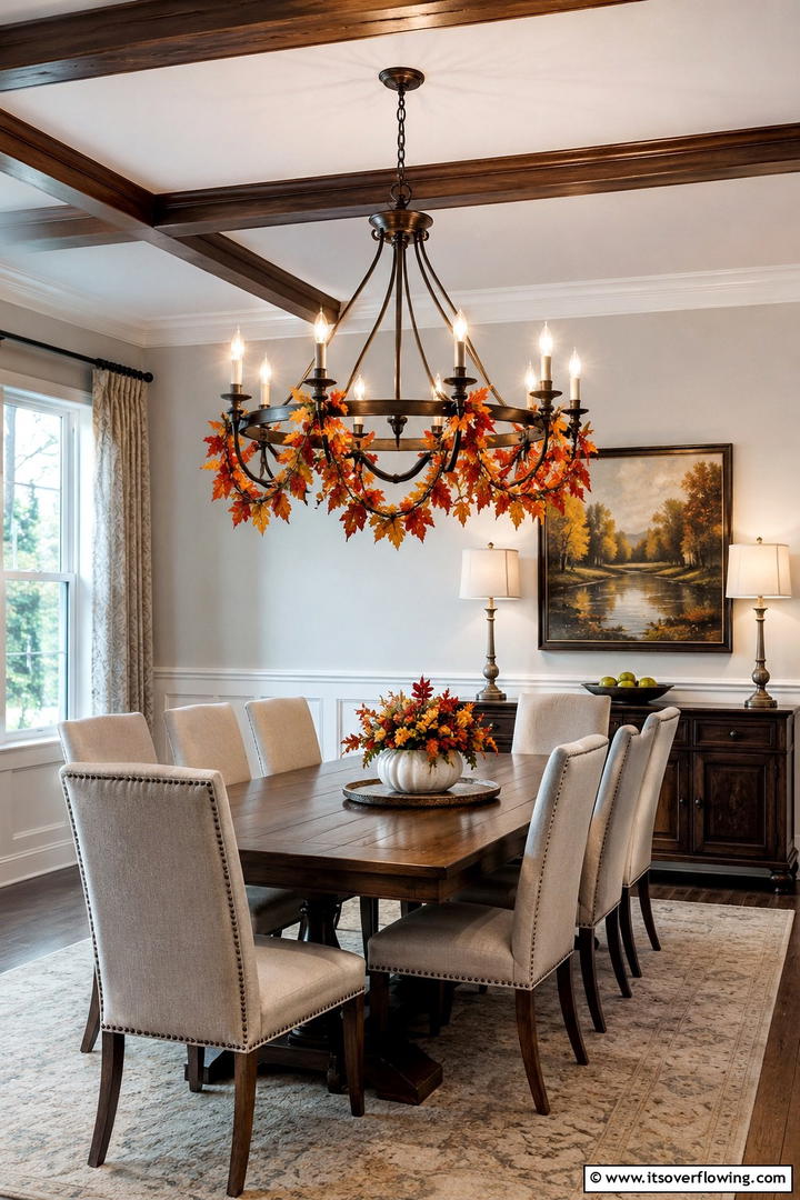 Leaf Draped Chandelier - 50 Fall Leaves Decor Ideas to Brighten Autumn Rooms