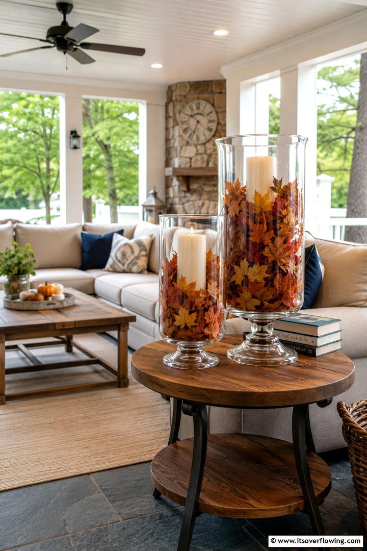 Leaf Filled Glass Hurricane - 50 Fall Leaves Decor Ideas to Brighten Autumn Rooms