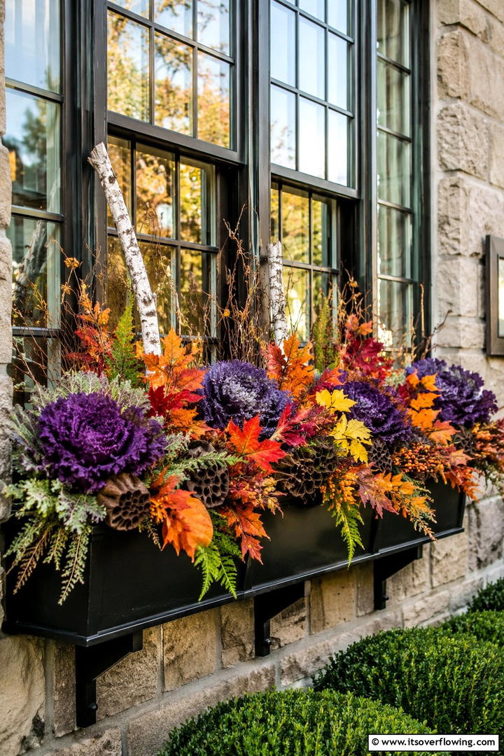 Leaf Lined Window Boxes - 50 Fall Leaves Decor Ideas to Brighten Autumn Rooms