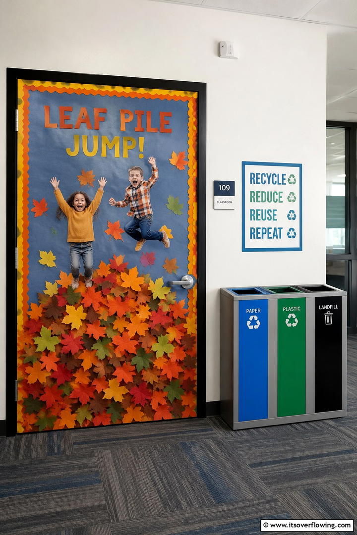 Leaf Pile Jump - 50 Fall Door Decor Classroom Ideas for Cozy Entryways