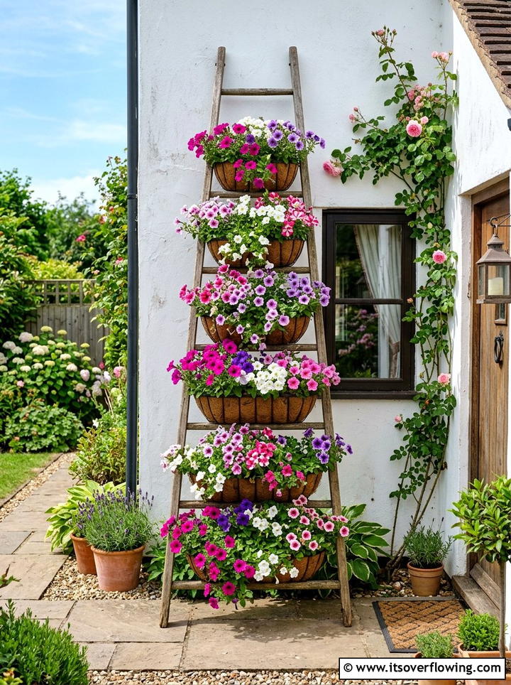Leaning Ladder Flower Wall - 25 backyard ideas with old ladder planter
