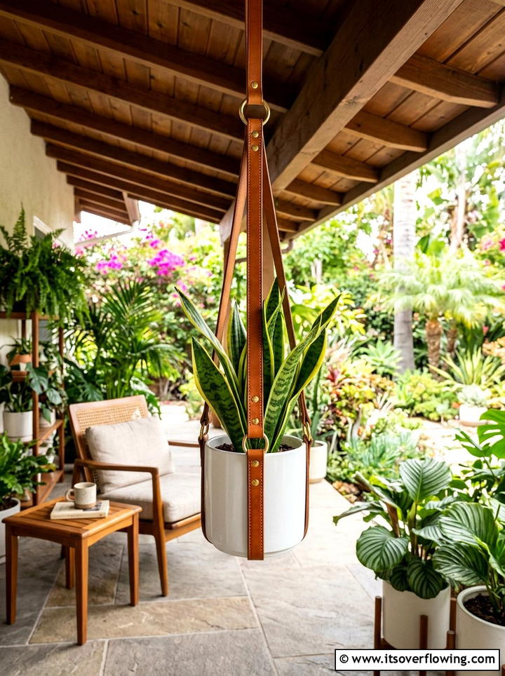 Leather Strap Plant Hanger - 25 garden ideas with hanging planters