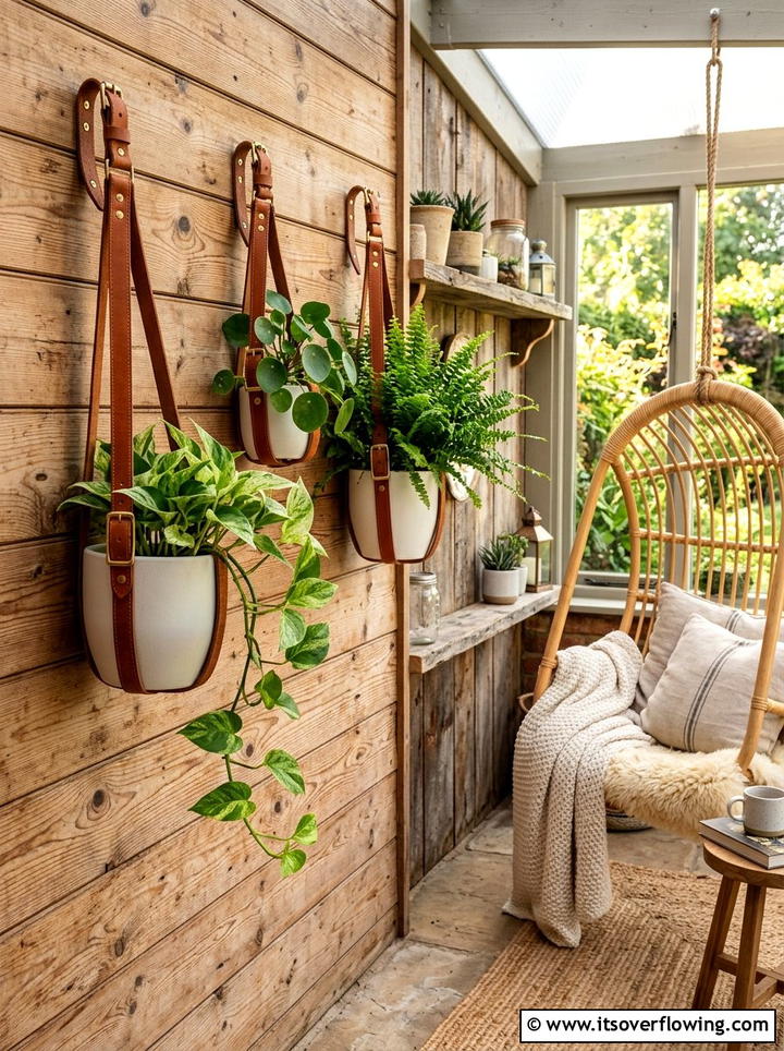 Leather Strap Plant Hanger - 25 creative garden ideas with wall mounted planters