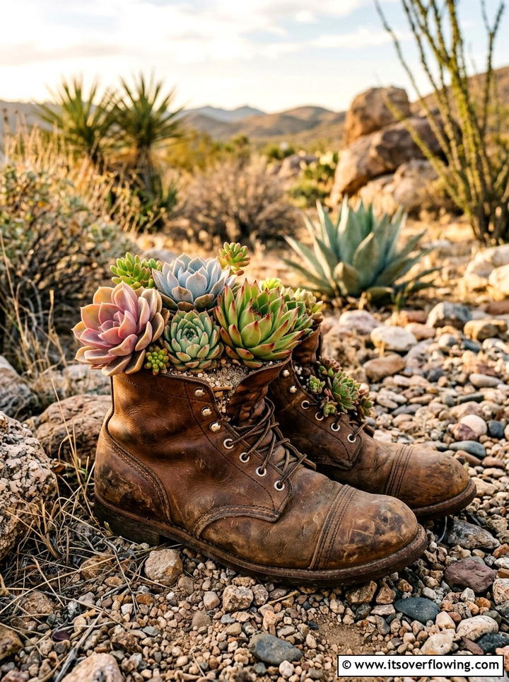 Leather Work Boot Succulent Garden - 25 upcycled garden ideas with old boots