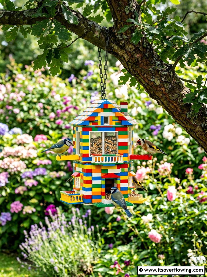 Lego bird feeder - 25 recycled garden ideas with old toys