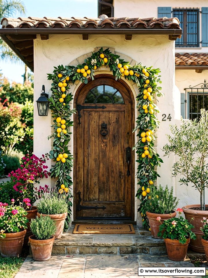 Lemon and greenery front porch garland - 25 front porch ideas with floral garland