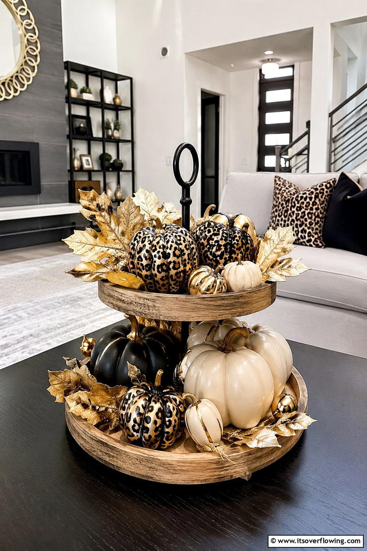 Leopard Print Fall Fusion - 50 Fall Tiered Tray Decor Ideas for Festive Shelves
