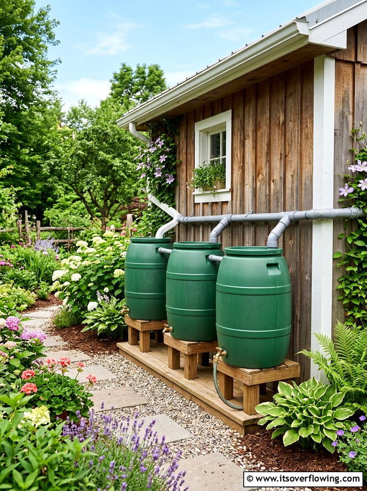 Linked rain barrel system - 25 cheap garden ideas with rain barrels