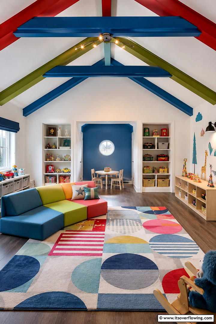 Lively Playroom Design - 30 Vaulted Ceiling Ideas with Beams for Dramatic Room Designs
