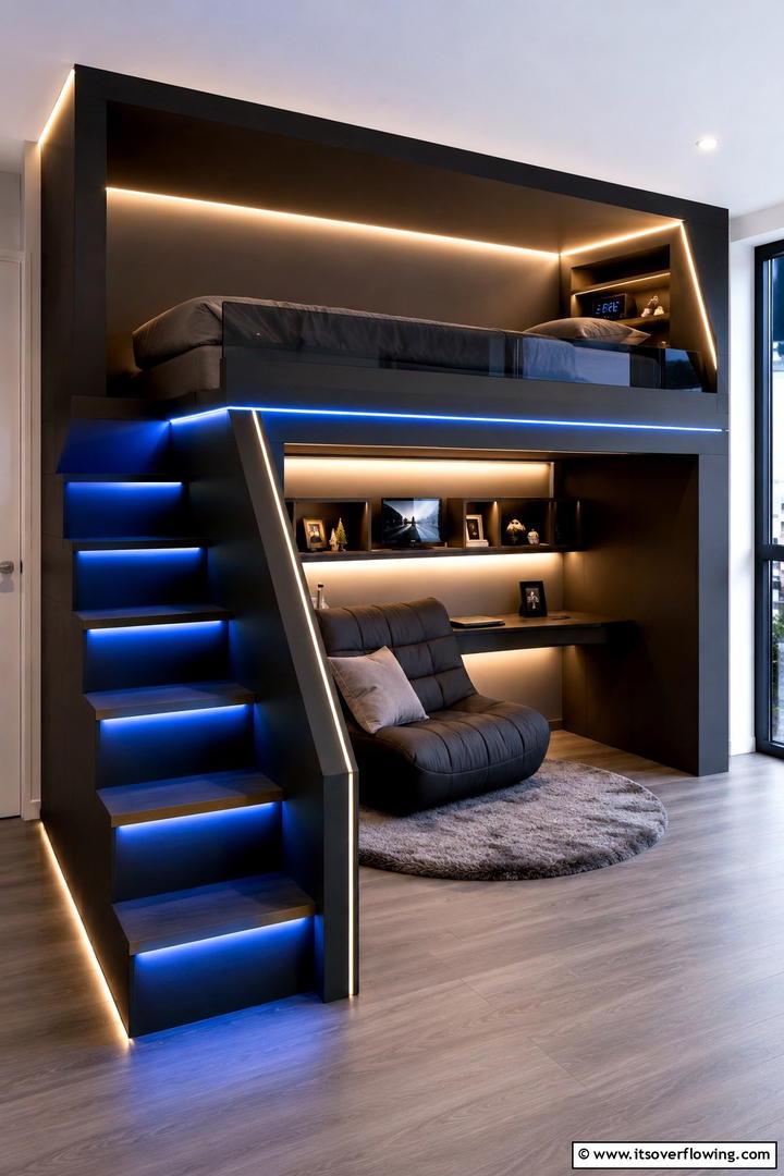 Loft Bed with Custom Lighting - 30 Space-Saving Loft Bed Ideas for Modern Bedrooms