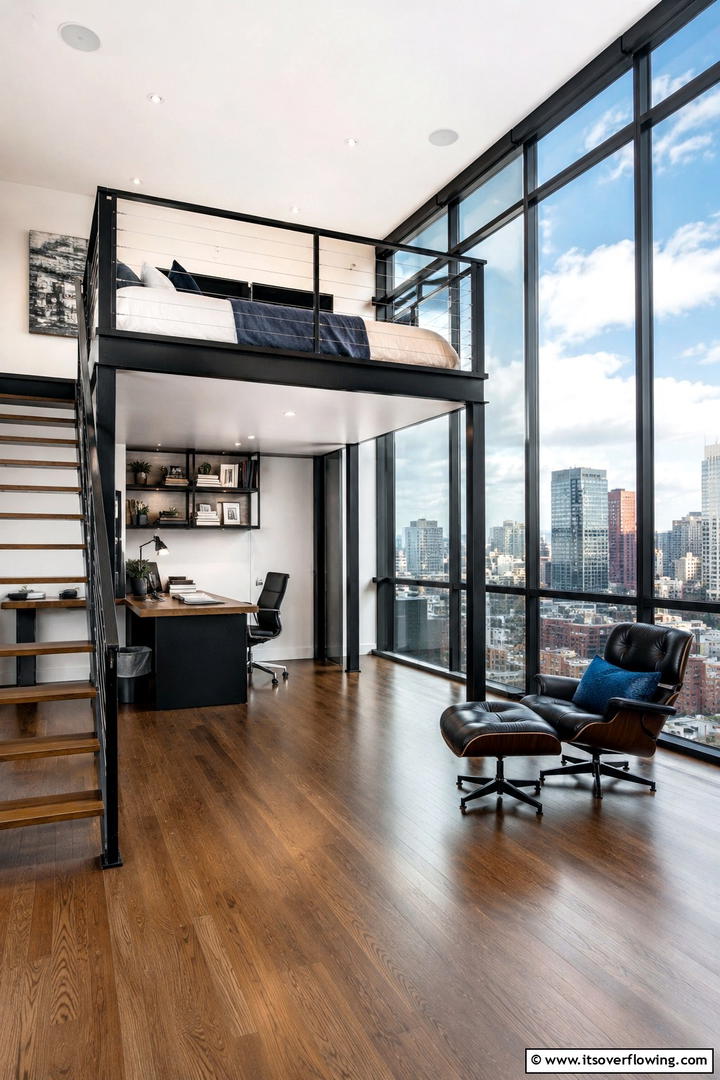 Loft Bed with Floor to Ceiling Windows - 30 Space-Saving Loft Bed Ideas for Modern Bedrooms
