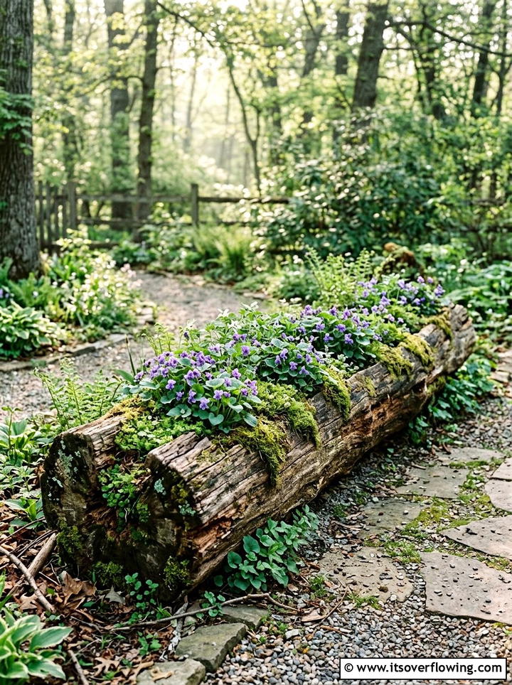Log Cutout Flower Bed - 25 cheap garden ideas with simple planters
