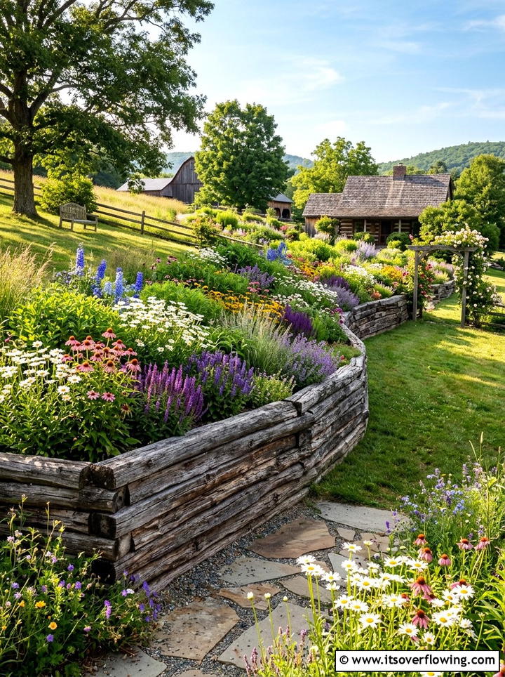 Log Retaining Wall - 25 garden ideas for uneven ground