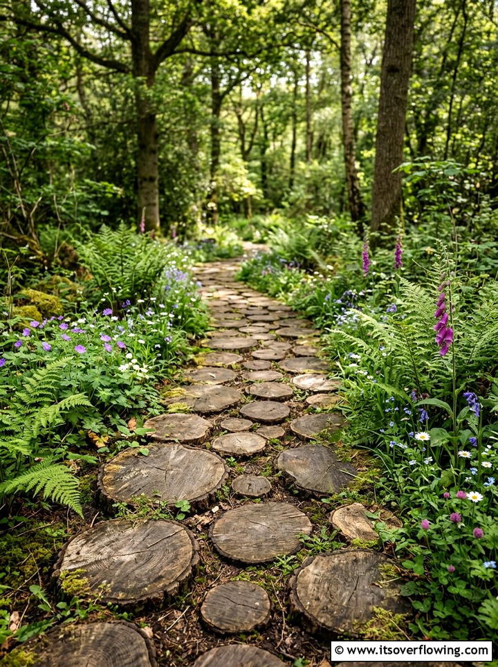 Log Slice Garden Path - 25 garden ideas with stepping stones