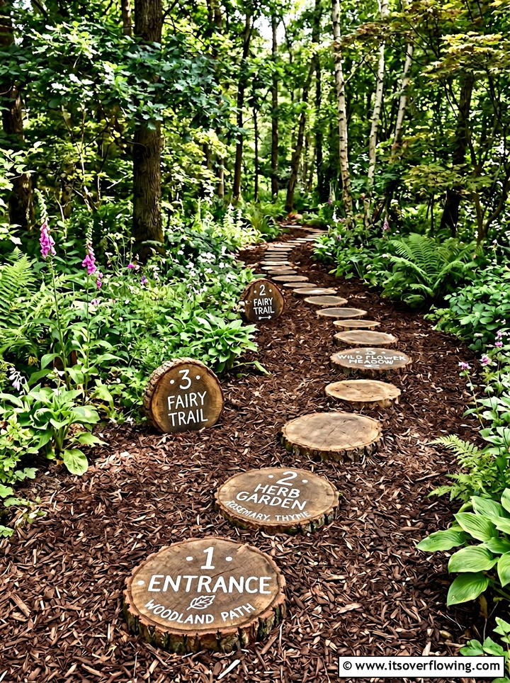 Log Slice Garden - 25 upcycled garden ideas with garden signs