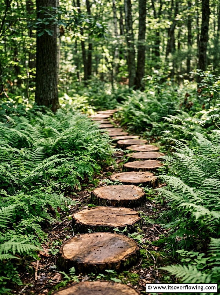 Log Slice Stepping Stones In Ferns - 25 small garden ideas with stepping stones