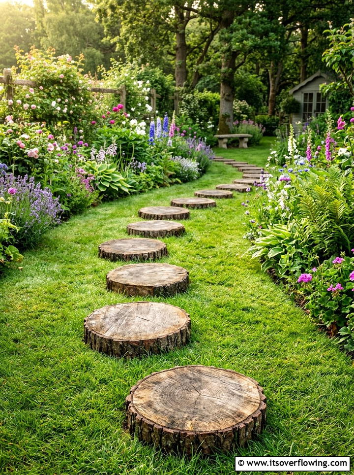 Log Slice Stepping Stones - 25 garden decor ideas with wood art