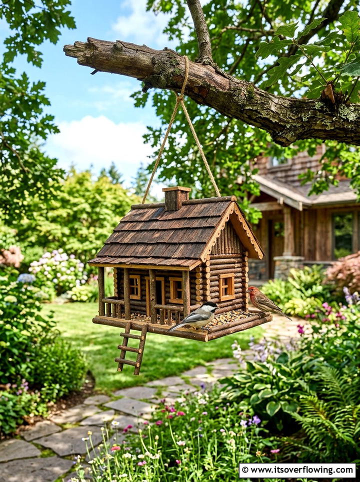 Log cabin bird feeder - 25 garden decor ideas with rustic accents