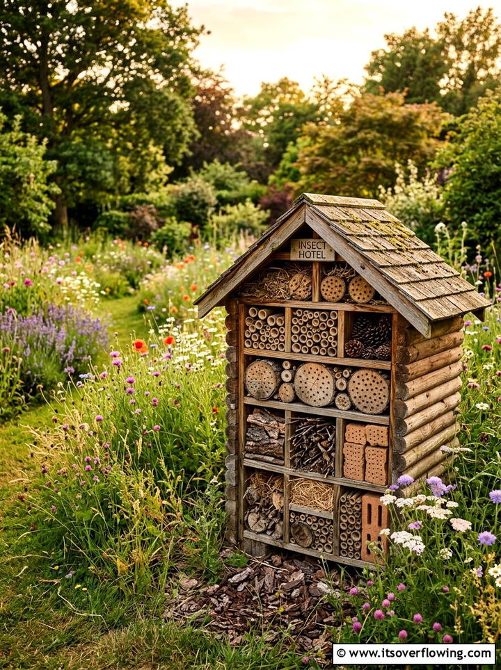 Log cabin insect hotel - 25 recycled garden ideas with recycled wood art