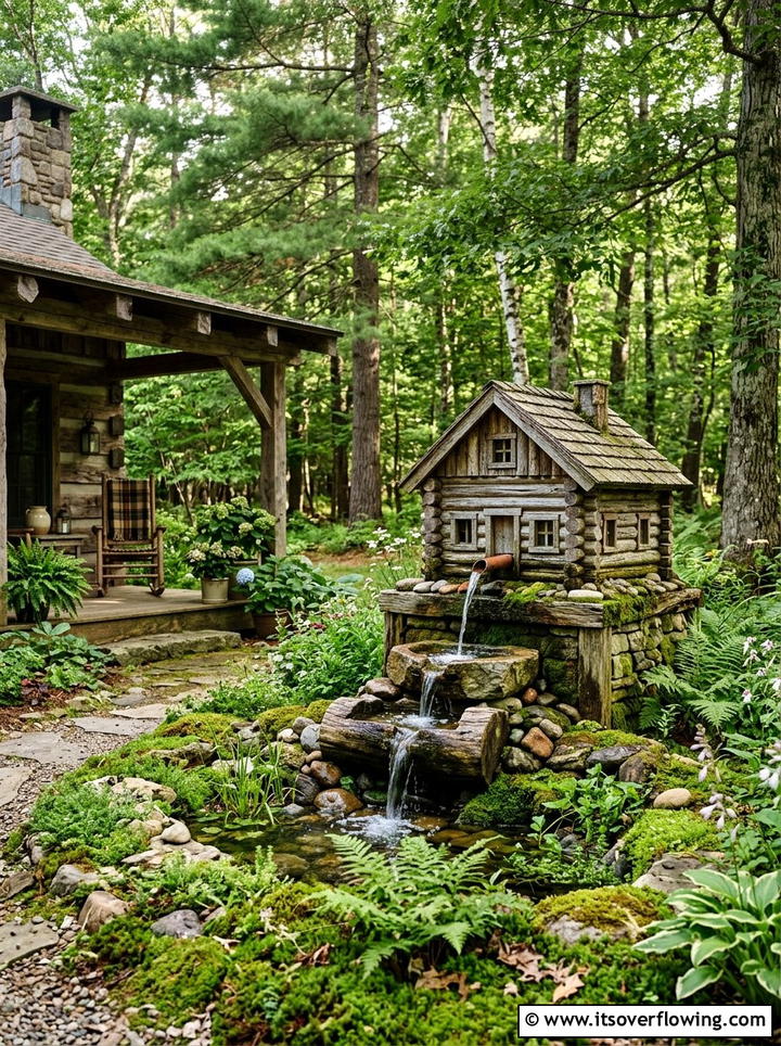 Log cabin style fountain - 25 garden decor ideas with tabletop fountains