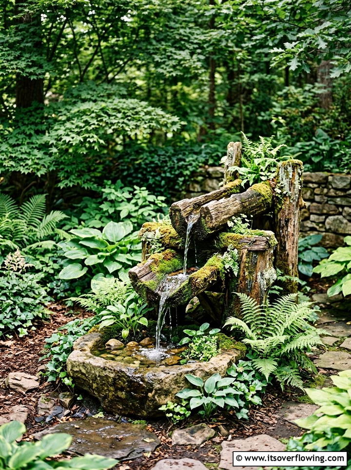 Log garden fountain - 25 recycled garden ideas with logs