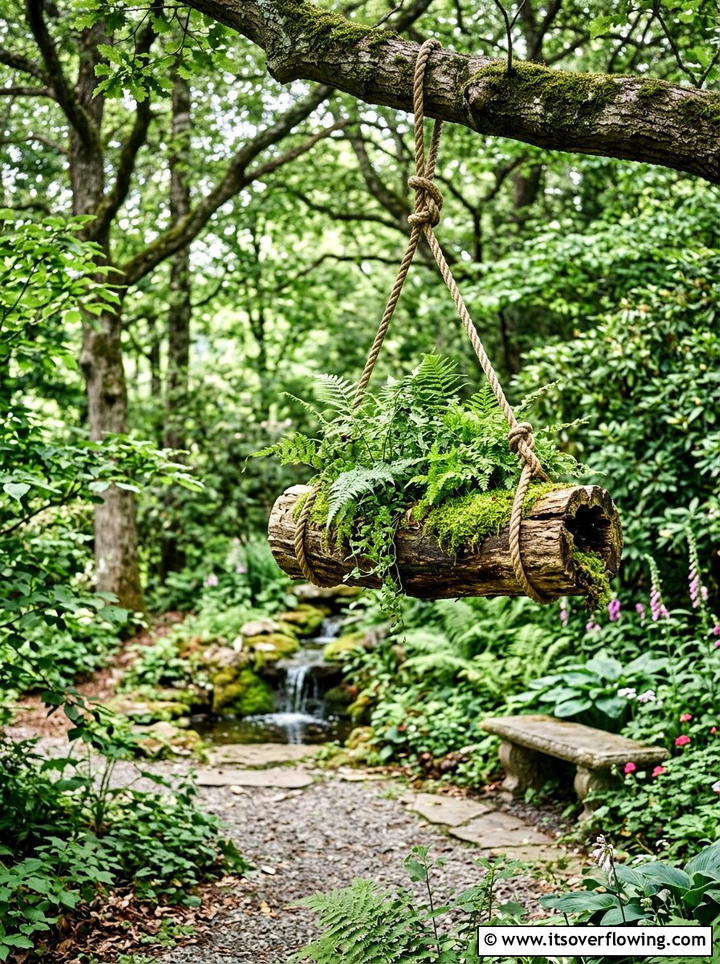 Log hanging planter - 25 upcycled garden ideas with hanging planters