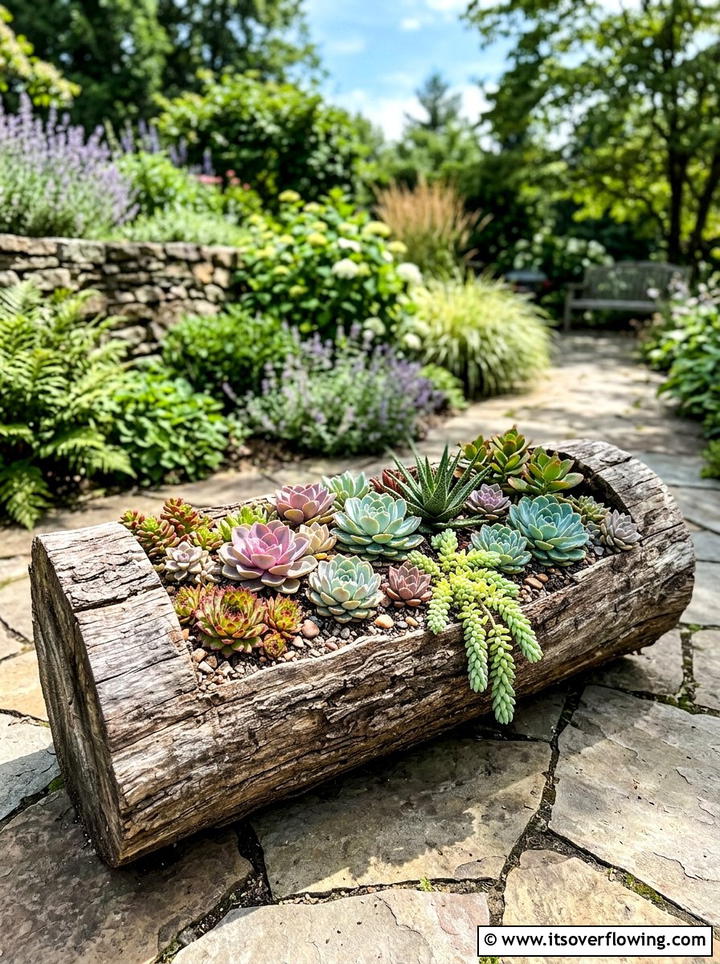 Log planter with succulents - 25 small garden ideas with succulents