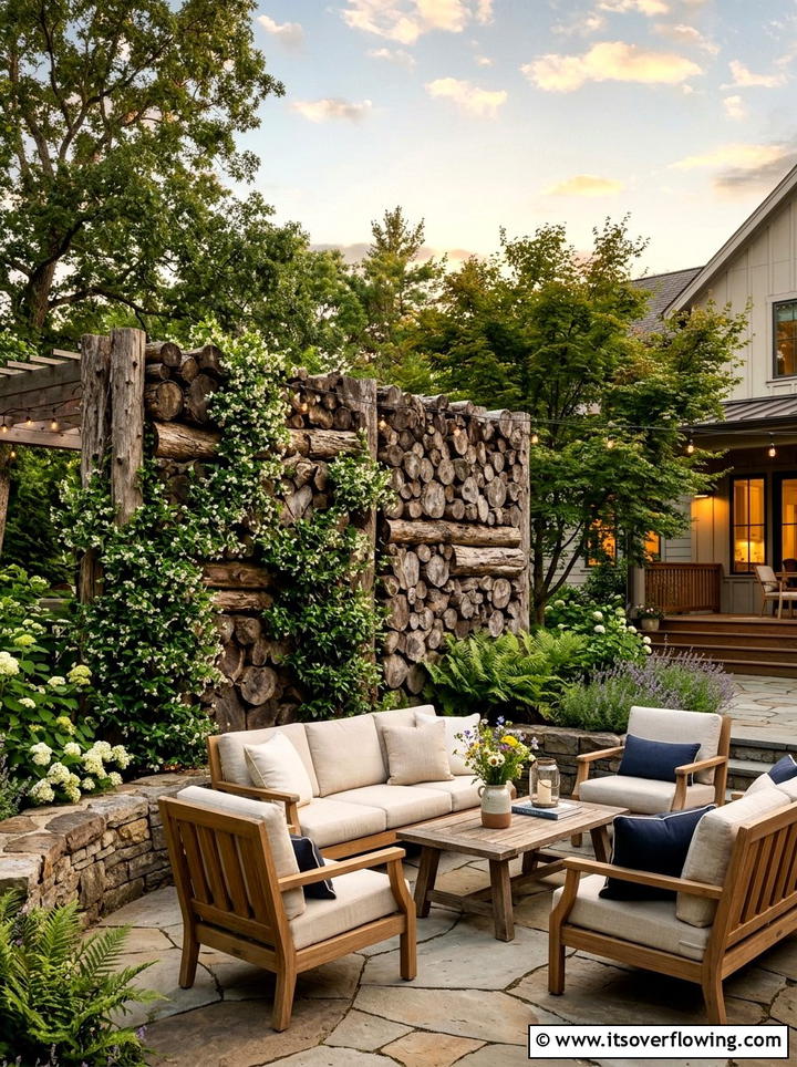 Log privacy screen - 25 recycled garden ideas with logs