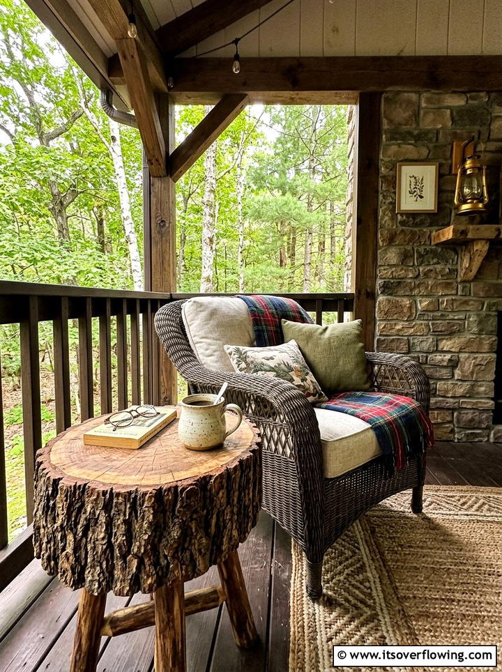 Log side table - 25 front porch decor ideas with natural wood