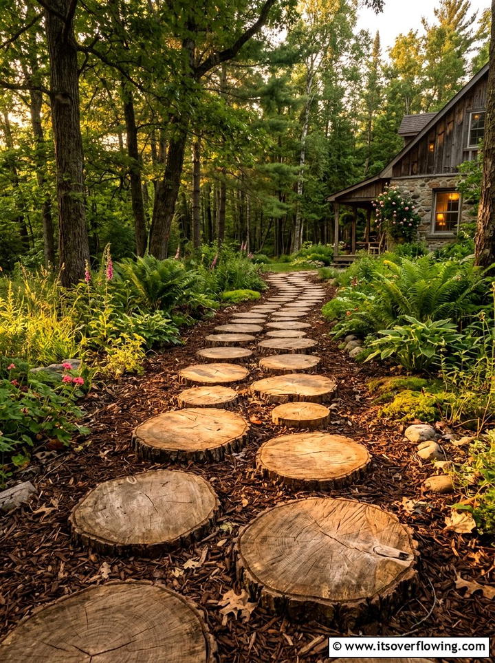 Log slice garden path - 25 garden decor ideas with stepping stones