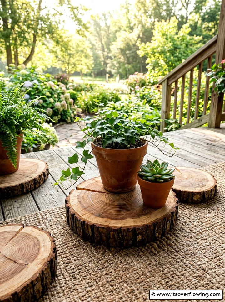 Log slice plant coaster - 25 recycled garden ideas for porch decor