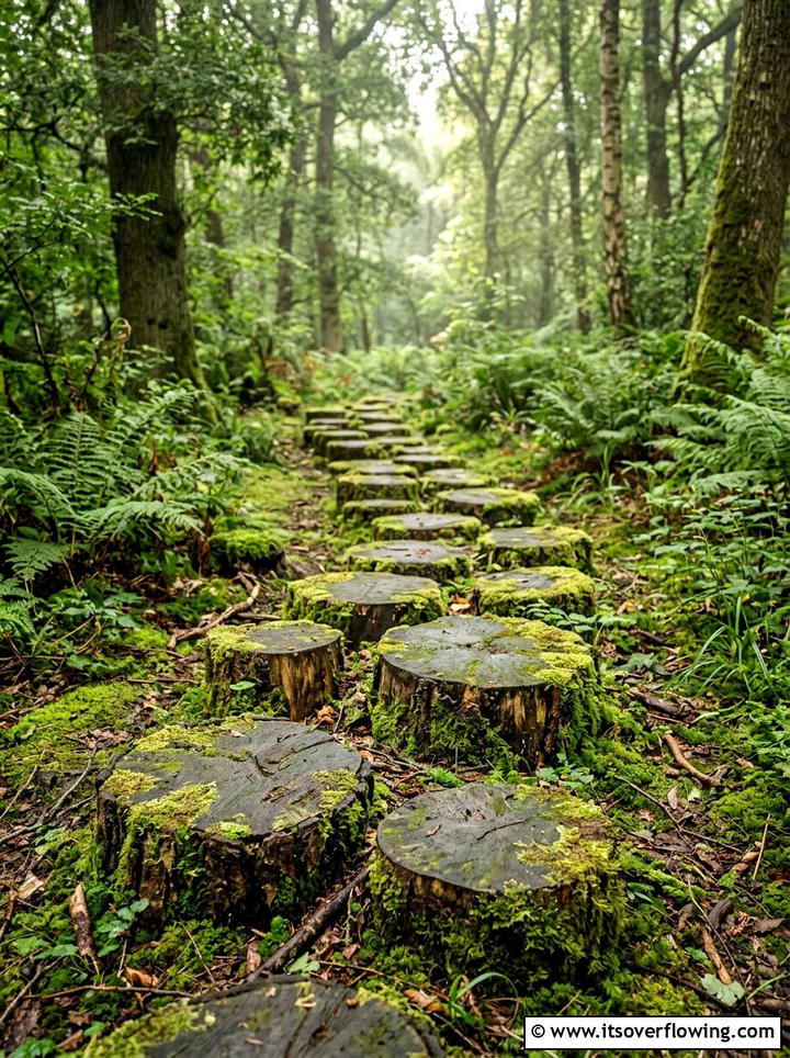 Log slice stepping stones - 25 recycled garden ideas with recycled wood art