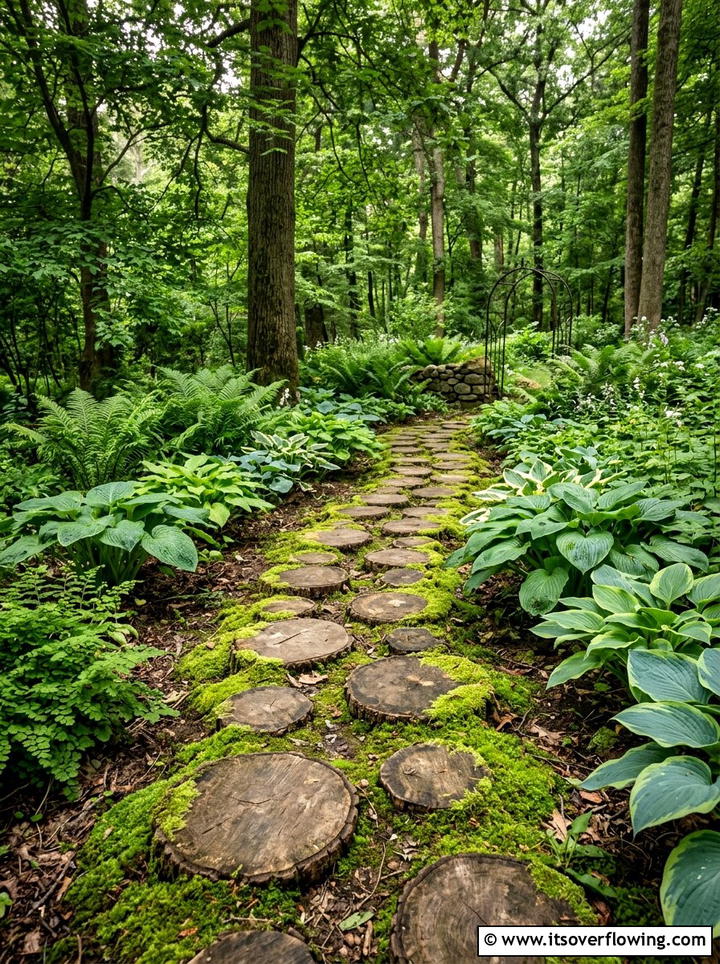 Log slice walkway in shaded garden - 25 creative garden ideas with secret pathways