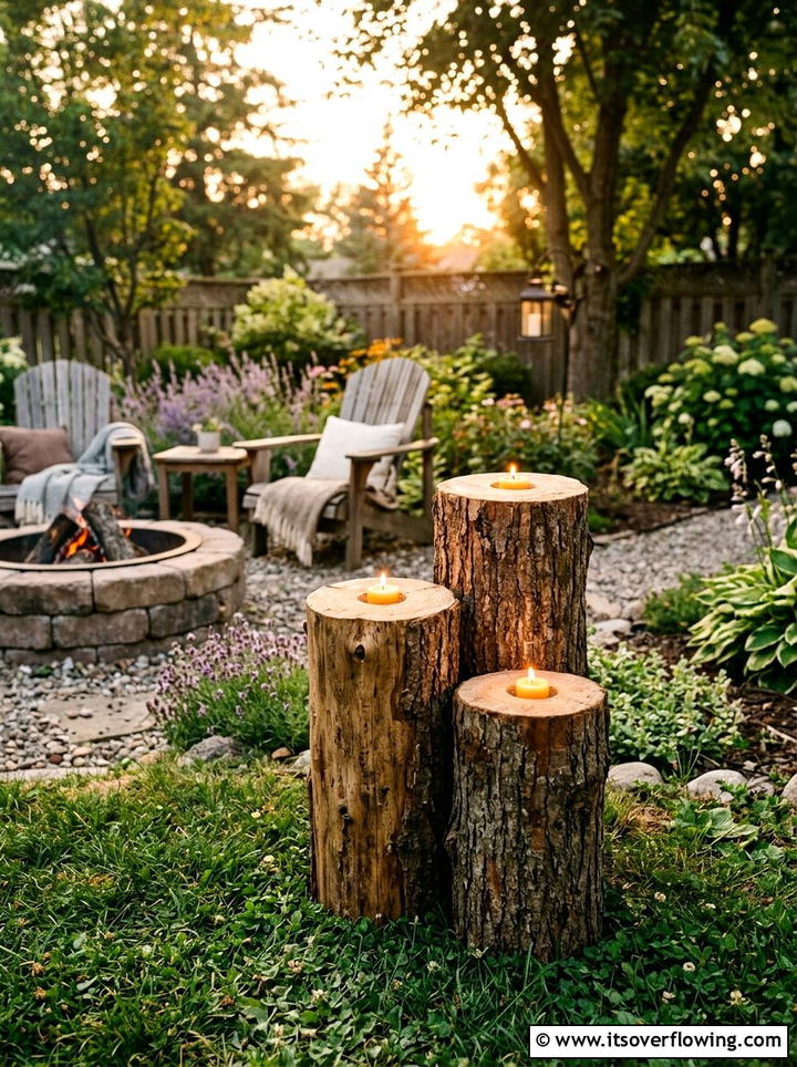 Log tea light stand for backyard - 25 garden decor ideas with tea lights