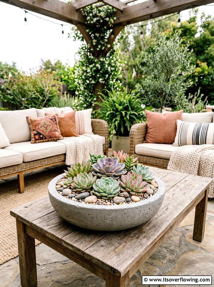 Low Concrete Bowl Succulent Arrangement - 25 garden decor ideas with concrete planters