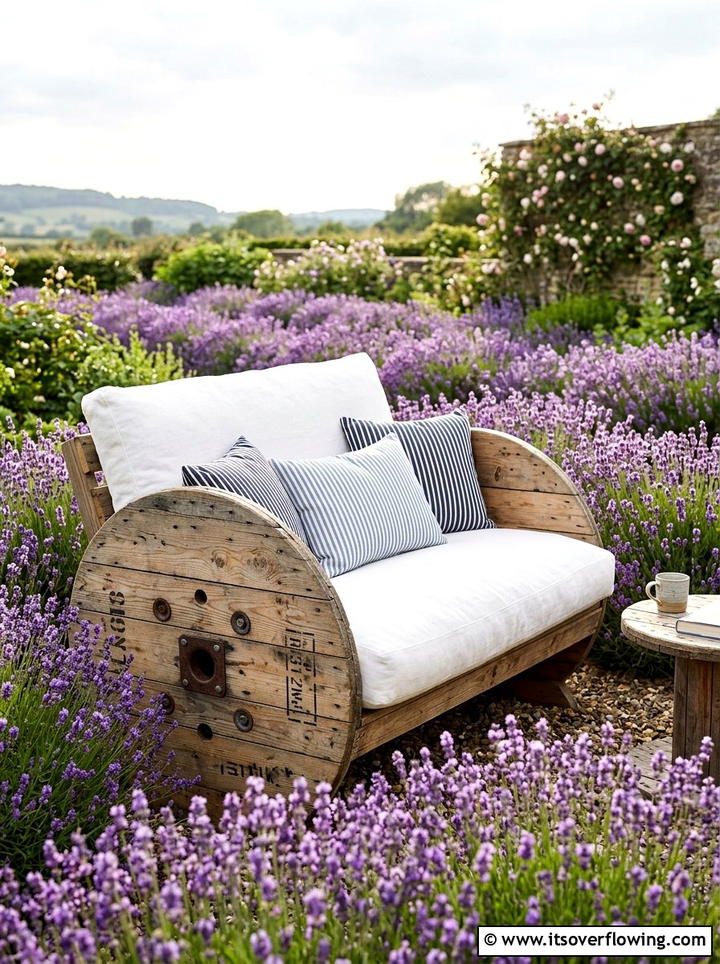 Low garden lounge seat - 25 recycled garden ideas with cable spools