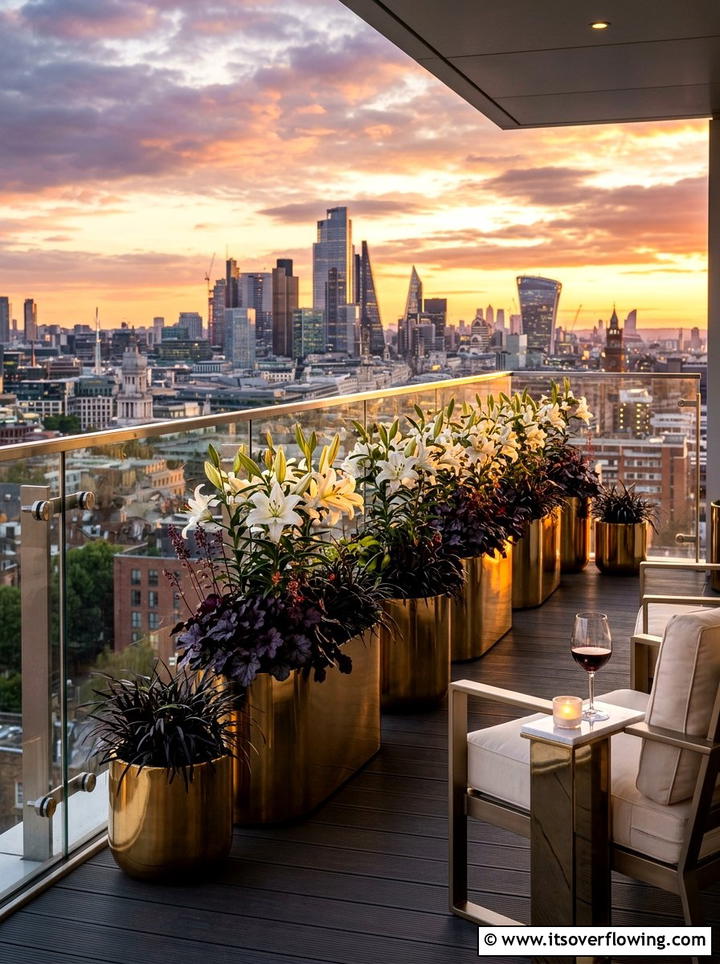 Luxury balcony with metallic gold planters - 25 creative garden ideas with painted planters