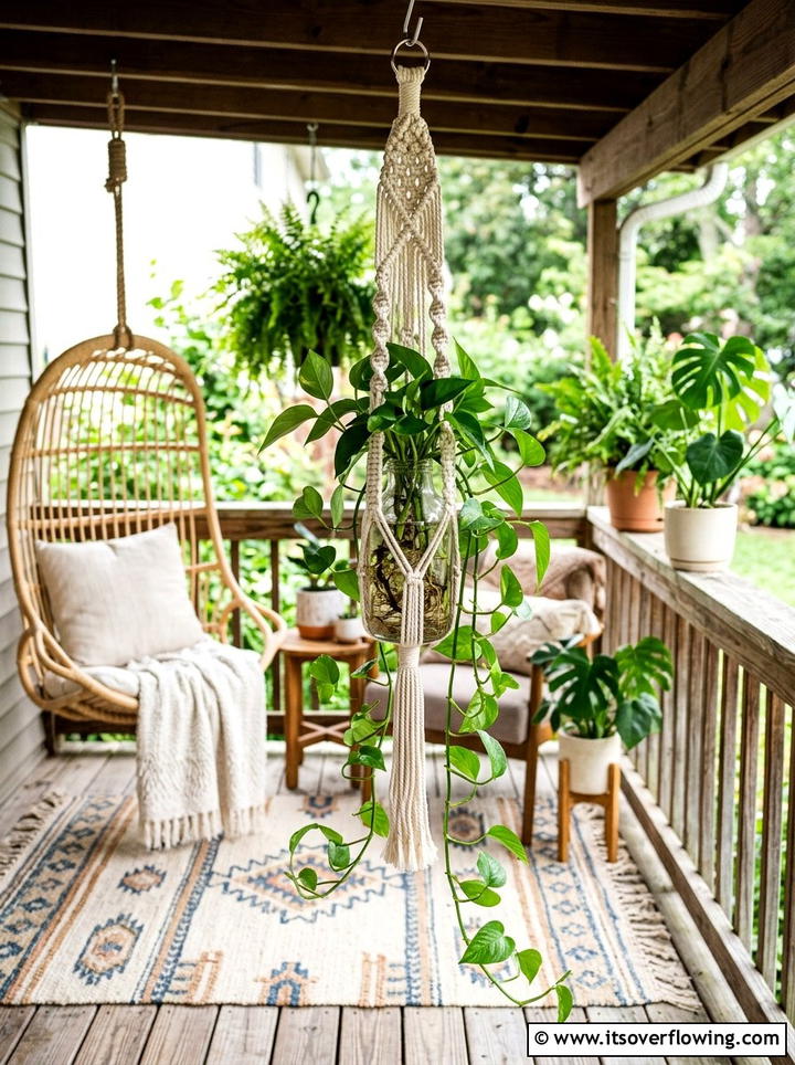 Macrame Bottle Plant Hanger - 25 recycled garden ideas with hanging bottle planters