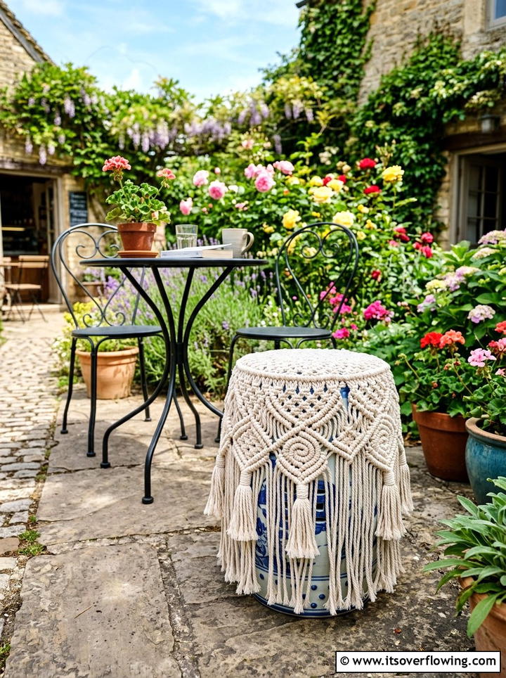 Macrame Stool Cover - 25 garden decor ideas with macrame