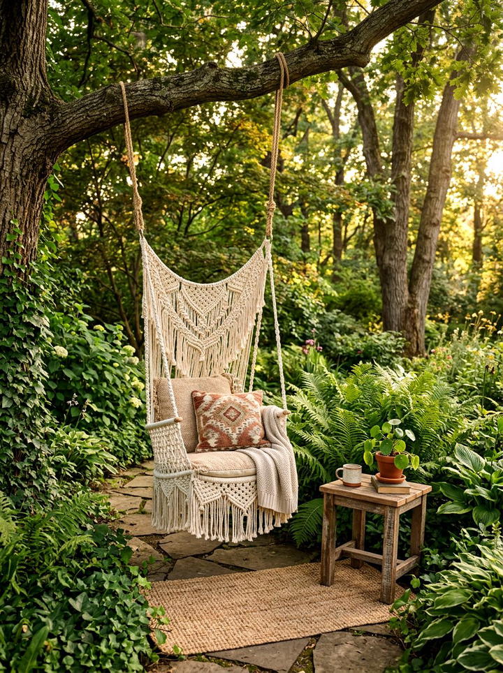 Macrame Swing Chair - 25 backyard decorating ideas with boho accents